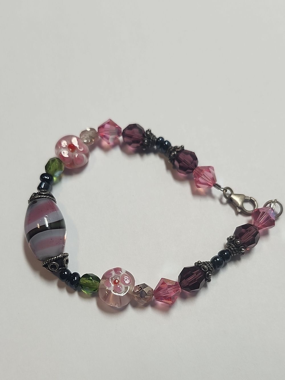 Handmade Pink Floral Glass Bead Bracelet With Sterling Silver Accents And Clasp